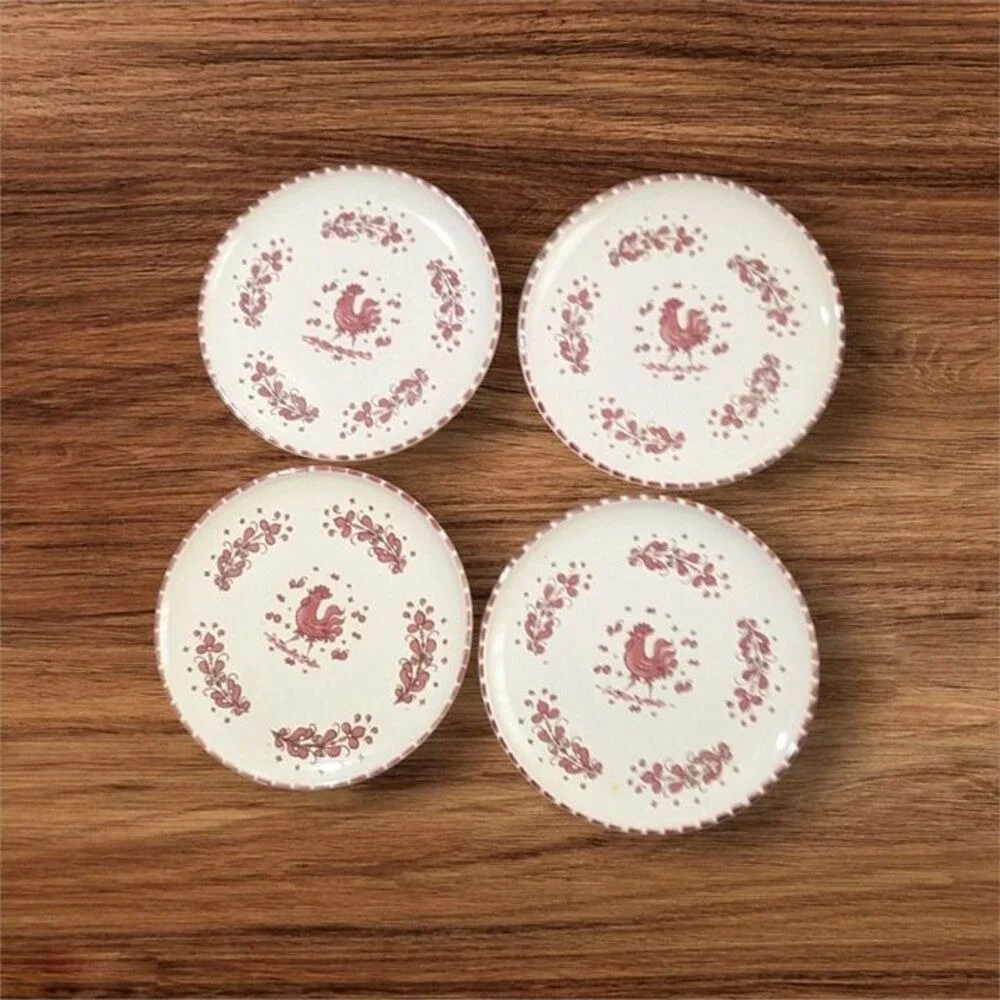 vtg PV Peasant Village Pink Rooster Salad Plates Set of 4 Farmhouse Country  8
